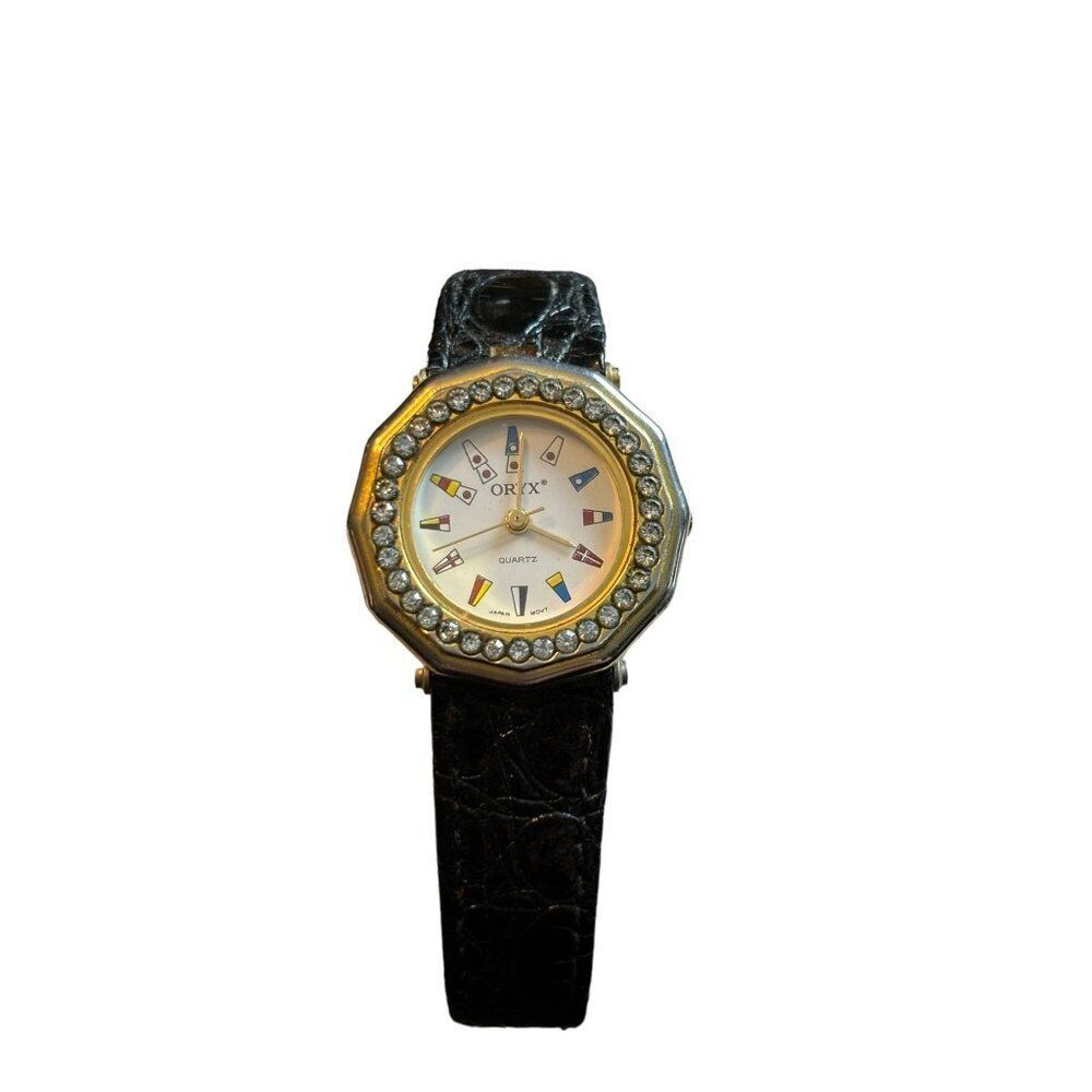 Oryx Women's Quartz Watch With Rhinestones & Black Leather Band